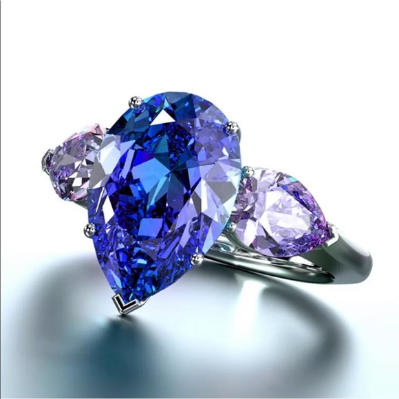 Jewelry - Blue Sapphire Sterling Silver Water Drop Ring, cute Ring, shiny Ring.